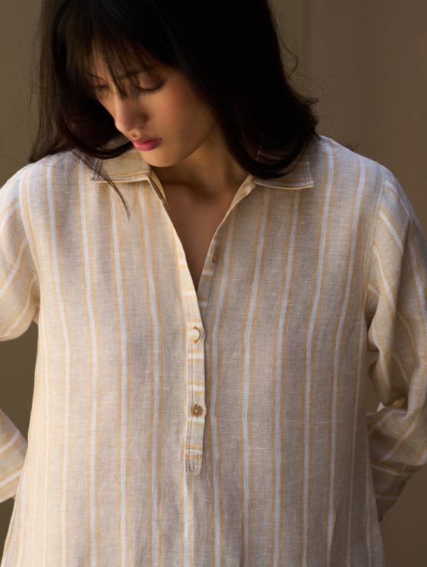 Eben Stripe Linen Shirt Kurta - Natural
