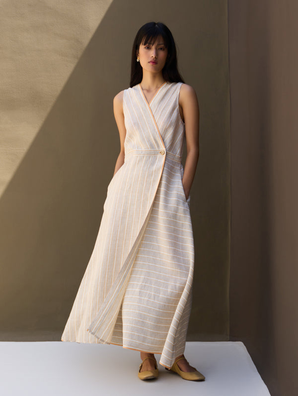 Kai Stripe Linen Wrap Dress - Natural