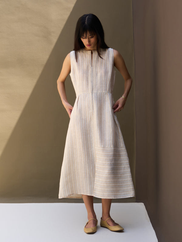 Una Striped Linen Sleeveless Dress - Natural