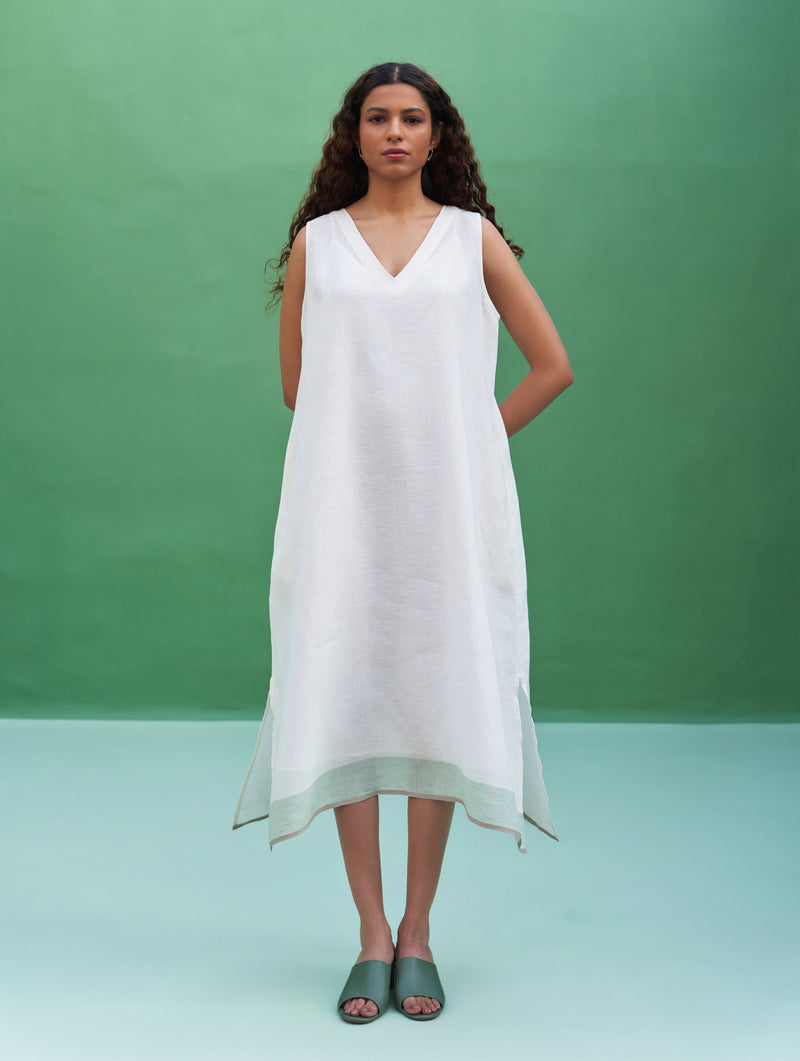 Jin Border Linen Dress - Ivory